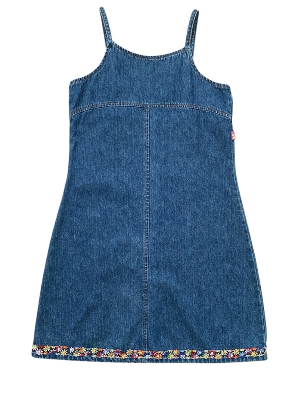 Vintage Esprit Kids Girl Strap Denim Mini Dress Embroidered Floral Hem Size 16
